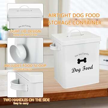 Morezi Dog Cat Treat and Food Storage Tin with Lid and Scoop Included - White Powder-Coated Carbon Steel - Rubber Seal Lids Safety - Storage Canister Tins - Dog Food