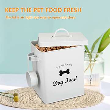 Morezi Dog Cat Treat and Food Storage Tin with Lid and Scoop Included - White Powder-Coated Carbon Steel - Rubber Seal Lids Safety - Storage Canister Tins - Dog Food
