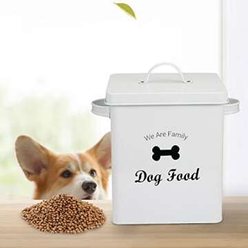 Morezi Dog Cat Treat and Food Storage Tin with Lid and Scoop Included - White Powder-Coated Carbon Steel - Rubber Seal Lids Safety - Storage Canister Tins - Dog Food