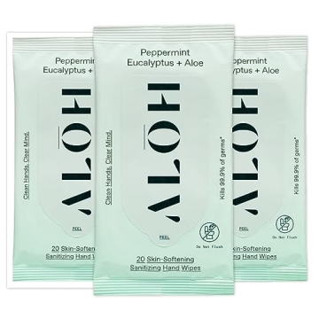 ALŌH Peppermint Eucalyptus + Aloe Sanitizing Hand Wipes - Clean Hands, Clear Mind On The Go Sanitizer for Kids and Adults - Travel Size 3 Pack 20ct Wipes (60 Wipes)