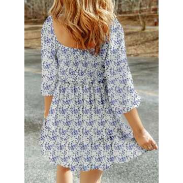 Dokotoo Wedding Guest Dresses for Women Boho Floral Long Sleeve Square Neck Smocked Ruffle Casual El...