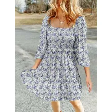 Dokotoo Wedding Guest Dresses for Women Boho Floral Long Sleeve Square Neck Smocked Ruffle Casual Elegant Chiffon A-Line Swing Mini Babydoll Western Dress Party Vacation Summer Dress Sky Blue Large