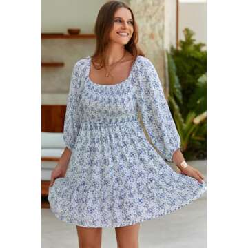 Dokotoo Wedding Guest Dresses for Women Boho Floral Long Sleeve Square Neck Smocked Ruffle Casual Elegant Chiffon A-Line Swing Mini Babydoll Western Dress Party Vacation Summer Dress Sky Blue Large