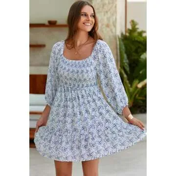 Dokotoo Wedding Guest Dresses for Women Boho Floral Long Sleeve Square Neck Smocked Ruffle Casual Elegant Chiffon A-Line Swing Mini Babydoll Western Dress Party Vacation Summer Dress Sky Blue Large