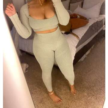 ABOCIW Workout Sets for Women Long Sleeev 2 Piece Yoga Outfits Seamless Ribbed Sweetheart Neck Crop ...