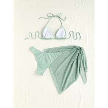 COZYEASE Women's 3 Pcs Set Floral Print Halter Bikini Swimsuit Triangle Thong Bikini Sets with Knot Side Beach Skirt Light Green M -CENPM20240621