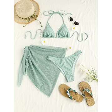 COZYEASE Women's 3 Pcs Set Floral Print Halter Bikini Swimsuit Triangle Thong Bikini Sets with Knot Side Beach Skirt Light Green M -CENPM20240621