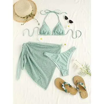 COZYEASE Women's 3 Pcs Set Floral Print Halter Bikini Swimsuit Triangle Thong Bikini Sets with Knot Side Beach Skirt Light Green M -CENPM20240621