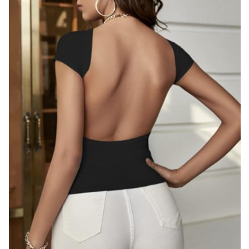 ForeFair Women Sexy Backless Top Open Back Short Sleeve Shirts Cute Slim Fit Crewneck Summer Casual Y2K Tops（Black,S）
