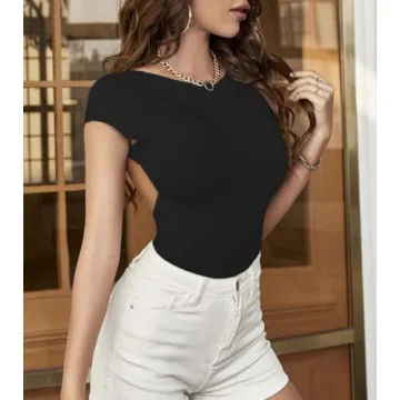 ForeFair Women Sexy Backless Top Open Back Short Sleeve Shirts Cute Slim Fit Crewneck Summer Casual Y2K Tops（Black,S）