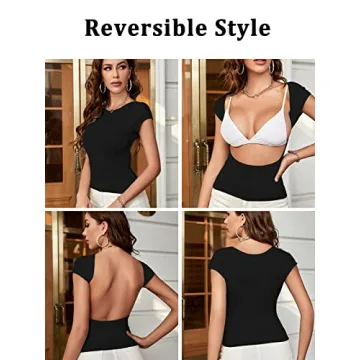 ForeFair Women Sexy Backless Top Open Back Short Sleeve Shirts Cute Slim Fit Crewneck Summer Casual Y2K Tops（Black,S）