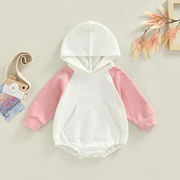 Kaipiclos Infant Baby Boy Girl Sweatshirt Bubble Romper Color Block Long Sleeve Hoodie Pullover Sweater Fall Winter Clothes (Color Block Pink White, 18-24 Months)