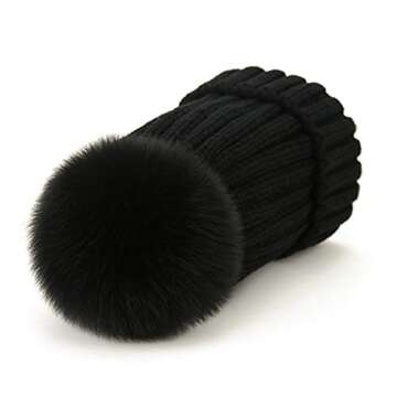 Stylish Winter Knit Beanie Hat with Fox Fur Pom Pom
