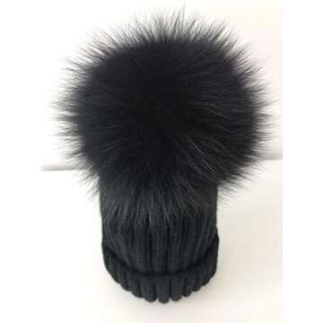 Stylish Winter Knit Beanie Hat with Fox Fur Pom Pom