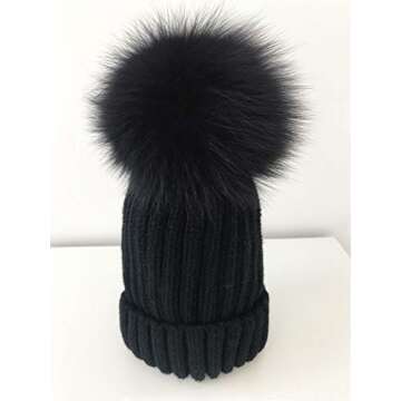 Stylish Winter Knit Beanie Hat with Fox Fur Pom Pom