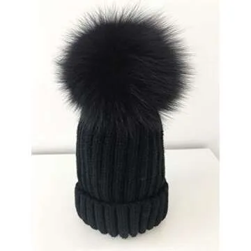 Stylish Winter Knit Beanie Hat with Fox Fur Pom Pom