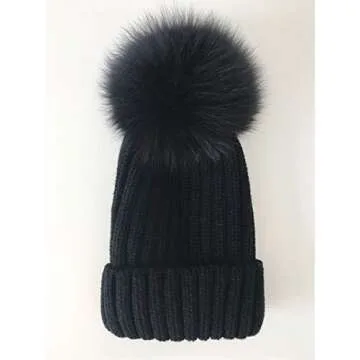 Stylish Winter Knit Beanie Hat with Fox Fur Pom Pom