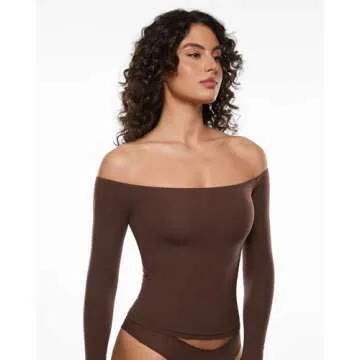 INLYRIC Women's Inbarely Soft Off The Shoulder Double Lined Long Sleeve Tops Going Out Slim Fitted Sexy Trendy T-Shirts Hazelnut Small
