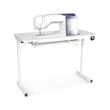 Arrow 611 Gidget II Folding Sewing, Cutting, Quilting, and Craft Table, Portable with Wheels and Lift, White Finish