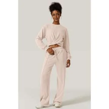 QINSEN Women 2 Piece Outfits Sweatsuit Set Twist Front Cropped Sweatshirt Wide Leg Sweatpant Lounge Set Tracksuit