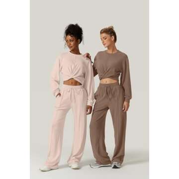 QINSEN Women 2 Piece Outfits Sweatsuit Set Twist Front Cropped Sweatshirt Wide Leg Sweatpant Lounge Set Tracksuit