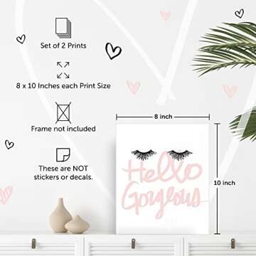 Designs by Maria Inc. Set of 2 Fashionista Prints (Unframed) Lips & Lashes Wall Art Makeup Bathroom Decor (8x10) (Option 1)