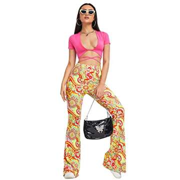 SOLY HUX Women's Floral Boho Elastic High Waisted Leggings Flare Leg Bell Bottom Long Wide Leg Pants Trousers Multicoloured Floral M