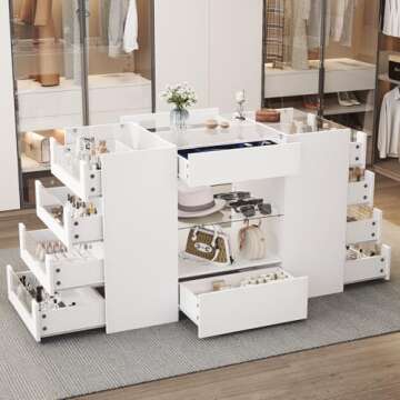 LIVAUVEAD Closet Island with Drawers, Wardrobe Armoire Bedroom Island, Glass Display Shelf & 12 Drawers, White Dresser with Glass Top, Walk-in Closet Island for Bedroom, Cloakroom