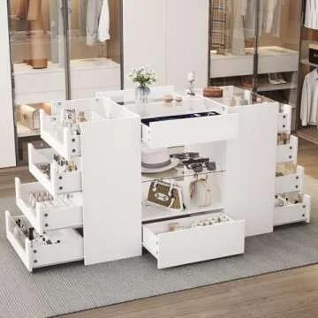 LIVAUVEAD Closet Island with Drawers, Wardrobe Armoire Bedroom Island, Glass Display Shelf & 12 Drawers, White Dresser with Glass Top, Walk-in Closet Island for Bedroom, Cloakroom