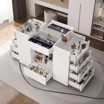 LIVAUVEAD Closet Island with Drawers, Wardrobe Armoire Bedroom Island, Glass Display Shelf & 12 Drawers, White Dresser with Glass Top, Walk-in Closet Island for Bedroom, Cloakroom
