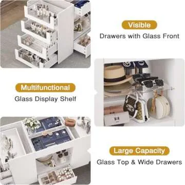 LIVAUVEAD Closet Island with Drawers, Wardrobe Armoire Bedroom Island, Glass Display Shelf & 12 Drawers, White Dresser with Glass Top, Walk-in Closet Island for Bedroom, Cloakroom