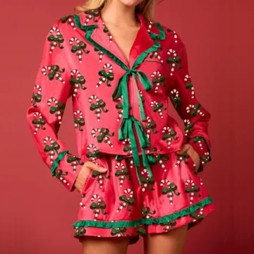 Thopavenoir Women Cute Christmas Pajamas Set 2 Piece Matching Set Bow Tie Long Sleeve Cartoon Shirt Baggy Ruffle Shorts Set (Red #E, L)