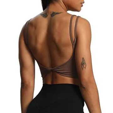 Aoxjox Women's Workout Sports Bras Fitness Padded Backless Yoga Crop Tank Top Twist Back Cami (Fudge Coffee, X-Small)