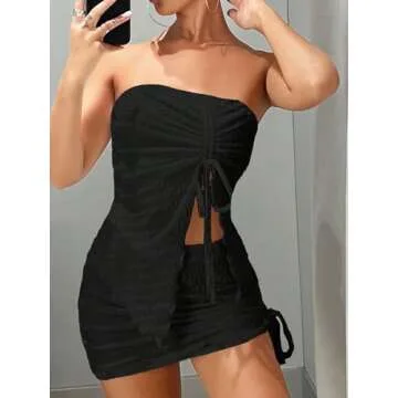 GORGLITTER Women's Two Piece Set Summer Drawstring Split Going Out Set Strapless Tube Top & Ruched Mini Skirt Set Outfit