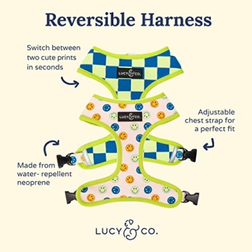 Lucy & Co. Lime Green with Blue Checker Smiley Faces Cute Reversible Dog Harness Walking Halter - Be...
