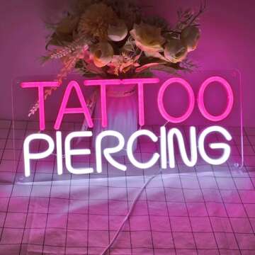 Britrio TATTOO Neon Sign Light Salon Studio Shop Plaque Pink LED Wall Art Decor Sign for Body Piercing Business Stores Beauty SPA Man Cave Garage Office Birthday Gift Indoors 5V USB 15.8 IN