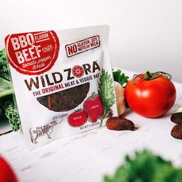 Wild Zora Meat & Veggie Bars, BBQ Beef, 10-Pack, 100% Grass Fed Beef, Healthy Jerky Paleo Snacks with Veggies, Gluten Free, Soy Free, High Protein, No Added Sweetener, Beef Jerky Snack Packs