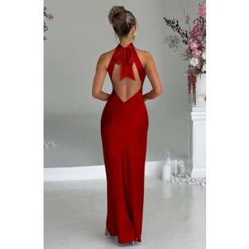 Memoriesea Women's Sexy Satin High Split Sleeveless Backless Party Wedding Maxi Dress Red
