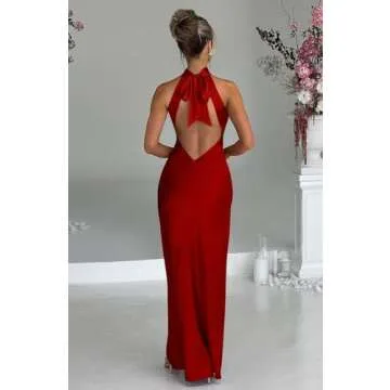 Memoriesea Women's Sexy Satin High Split Sleeveless Backless Party Wedding Maxi Dress Red