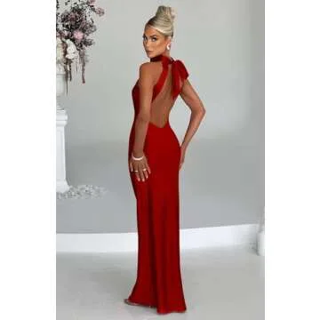 Memoriesea Women's Sexy Satin High Split Sleeveless Backless Party Wedding Maxi Dress Red
