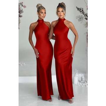 Memoriesea Women's Sexy Satin High Split Sleeveless Backless Party Wedding Maxi Dress Red
