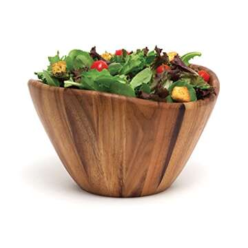Lipper International Acacia Large Wave Bowl with Servers, 162.31 fl.oz.,Brown