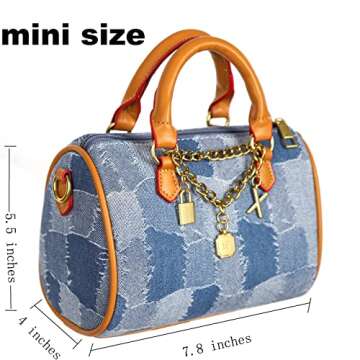 Mini Small Denim Purse Jean Boston Barrel Bags Quilted Checkered Top Handle Canvas Tote Crossbody bags Satchel Handbag for Women,Blue