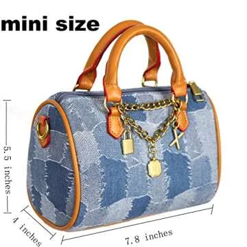 Mini Small Denim Purse Jean Boston Barrel Bags Quilted Checkered Top Handle Canvas Tote Crossbody bags Satchel Handbag for Women,Blue