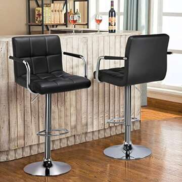 Yaheetech Bar Stools Set of 2, PU Leather Adjustable Swivel Barstools, Hydraulic Kitchen Counter Height Bar Chairs with Armrest and Back for Bar, Kitchen, Dining Room, Black