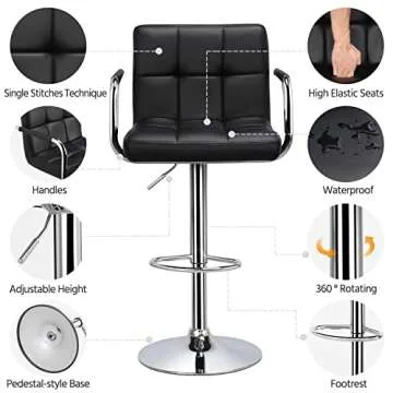 Yaheetech Bar Stools Set of 2, PU Leather Adjustable Swivel Barstools, Hydraulic Kitchen Counter Height Bar Chairs with Armrest and Back for Bar, Kitchen, Dining Room, Black