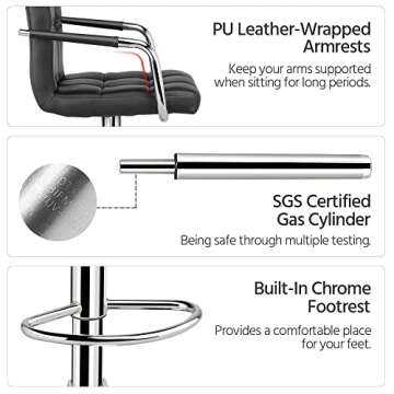 Yaheetech Bar Stools Set of 2, PU Leather Adjustable Swivel Barstools, Hydraulic Kitchen Counter Height Bar Chairs with Armrest and Back for Bar, Kitchen, Dining Room, Black