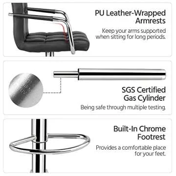 Yaheetech Bar Stools Set of 2, PU Leather Adjustable Swivel Barstools, Hydraulic Kitchen Counter Height Bar Chairs with Armrest and Back for Bar, Kitchen, Dining Room, Black