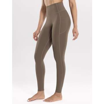 ENERBLOOM Women's Workout Leggings with Pockets High Waist Yoga Pants 28" Cream Soft Athletic Tights Full Length Coffee XX-Small