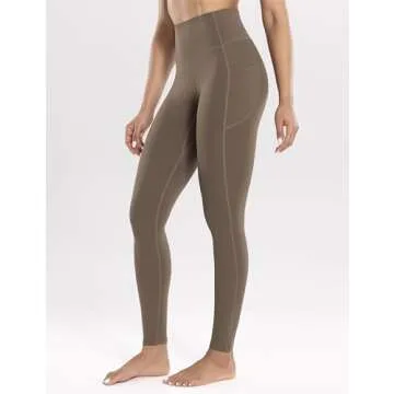 ENERBLOOM Women's Workout Leggings with Pockets High Waist Yoga Pants 28" Cream Soft Athletic Tights Full Length Coffee XX-Small